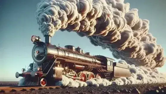Classic steam locomotive in operation with red wheel and brass details, emitting thick white steam into the blue sky, without human figures or symbols.