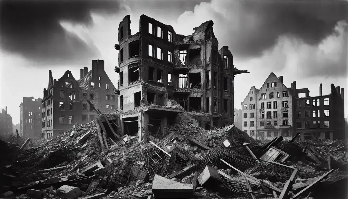 Post-World War II European city ruins, with a pile of rubble, damaged buildings, and an overcast sky, conveying desolation and conflict aftermath.