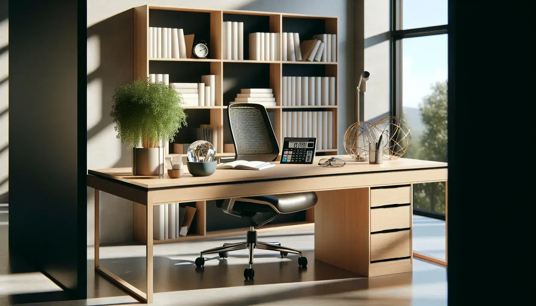 Oficina moderna y luminosa con escritorio de madera, silla ergonómica, planta interior y estantería con libros y objetos decorativos.