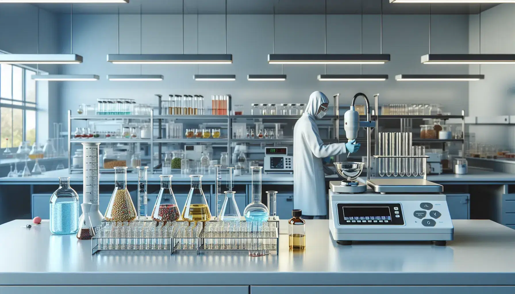 Laboratorio de investigación y desarrollo de alimentos con mesa de trabajo, frascos de vidrio con líquidos de colores, balanza digital y técnico utilizando pipeta automática.