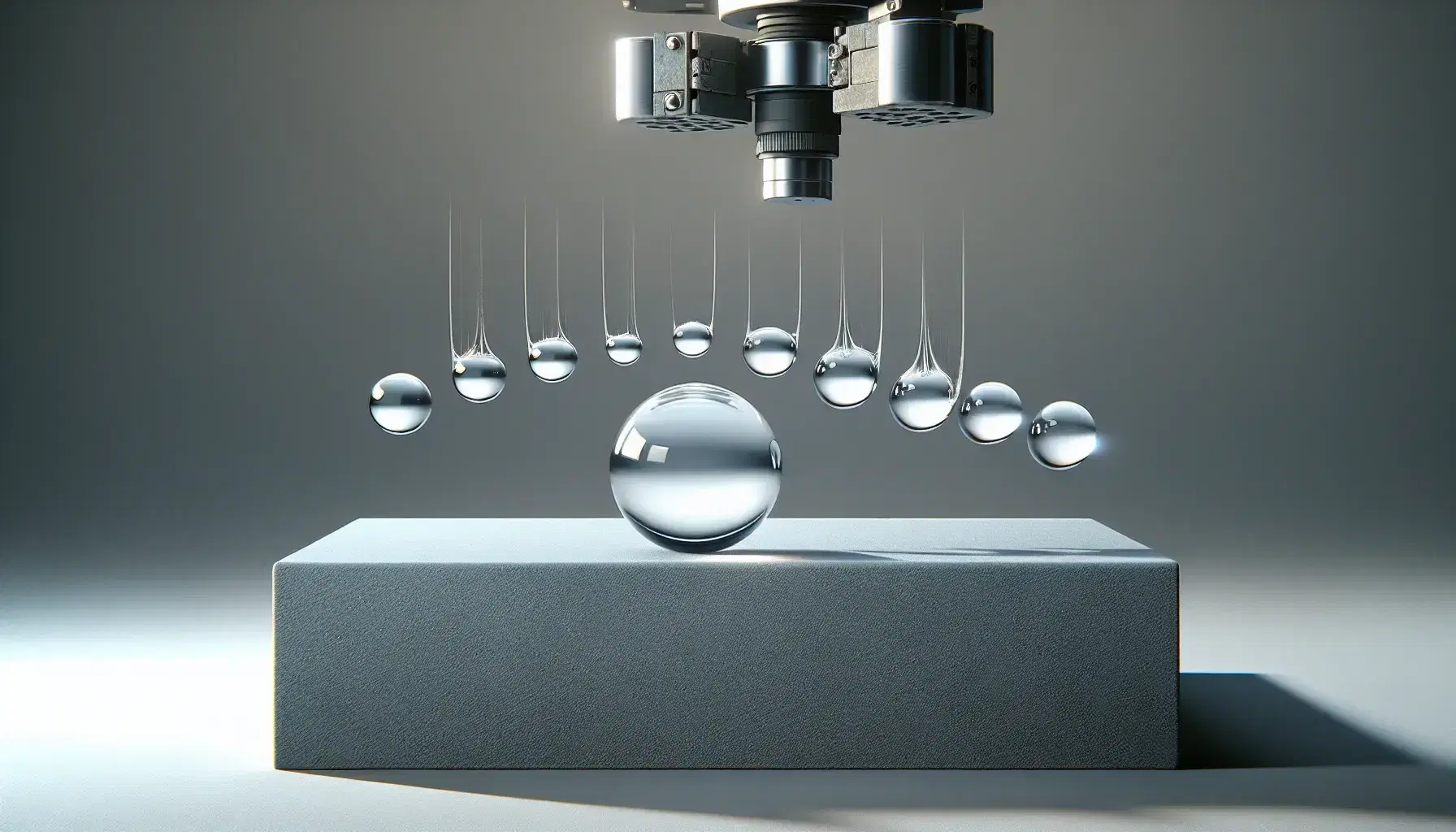 High-speed camera captures transparent ball in stages of drop, showing pre-impact, mid-fall, and post-impact deformation on a matte surface.