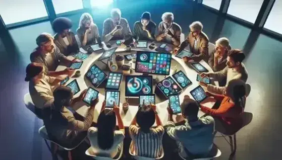 Grupo diverso de personas interactuando en una mesa redonda con dispositivos electrónicos en un entorno de trabajo colaborativo iluminado naturalmente.