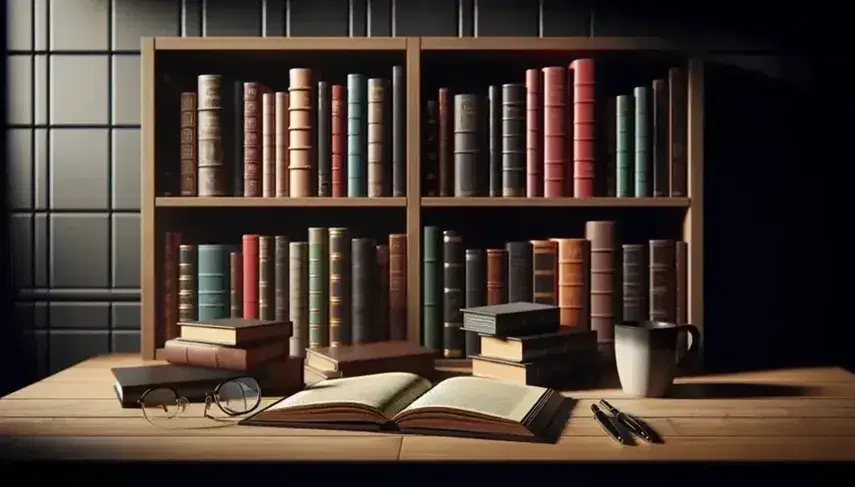 Estantería de madera oscura repleta de libros de colores variados con mesa y libro abierto, gafas y taza de café en primer plano, bajo una iluminación suave.