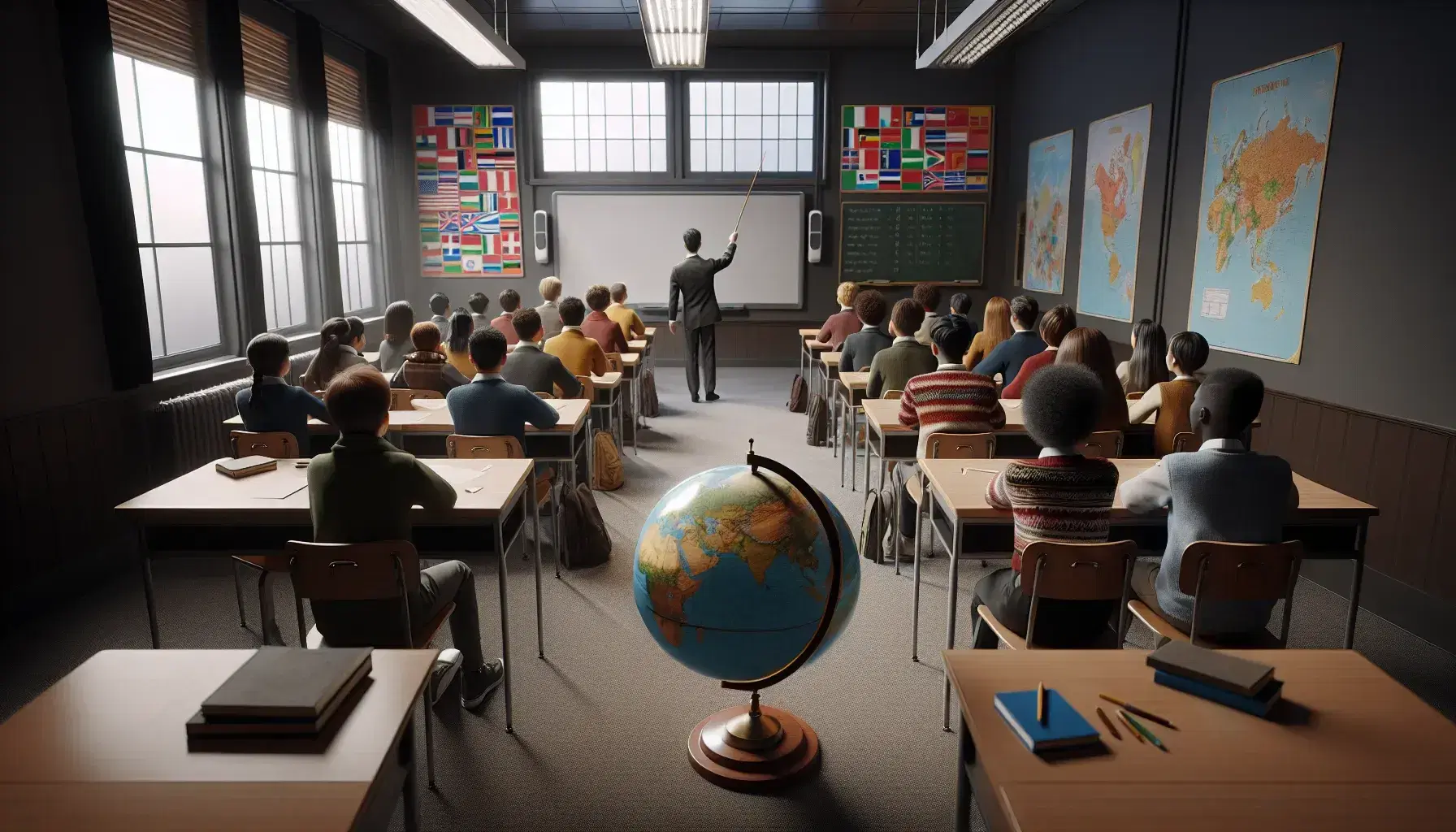 Multicultural students in a classroom focus on a teacher pointing at a chalkboard, with a globe on a desk and educational posters on the walls.