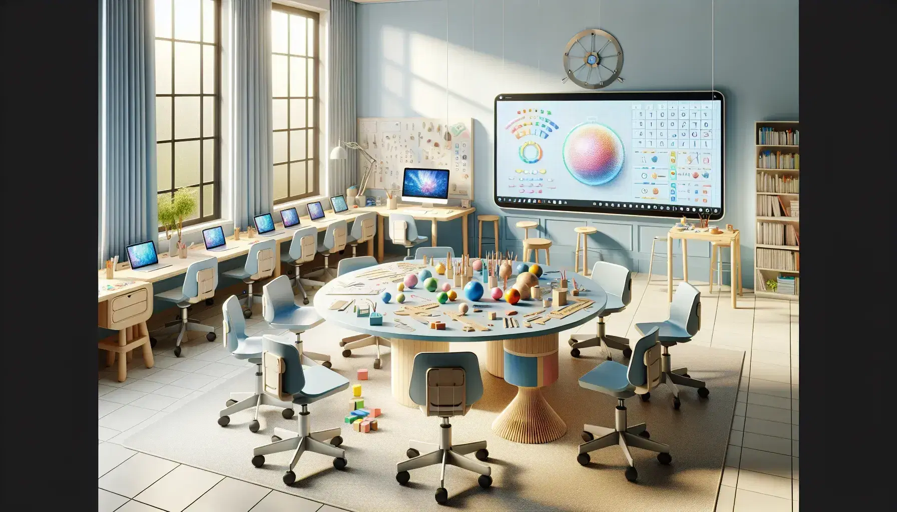 Aula moderna e inclusiva con tavolo rotondo, sedie ergonomiche colorate, materiali didattici, computer touch e lavagna magnetica.