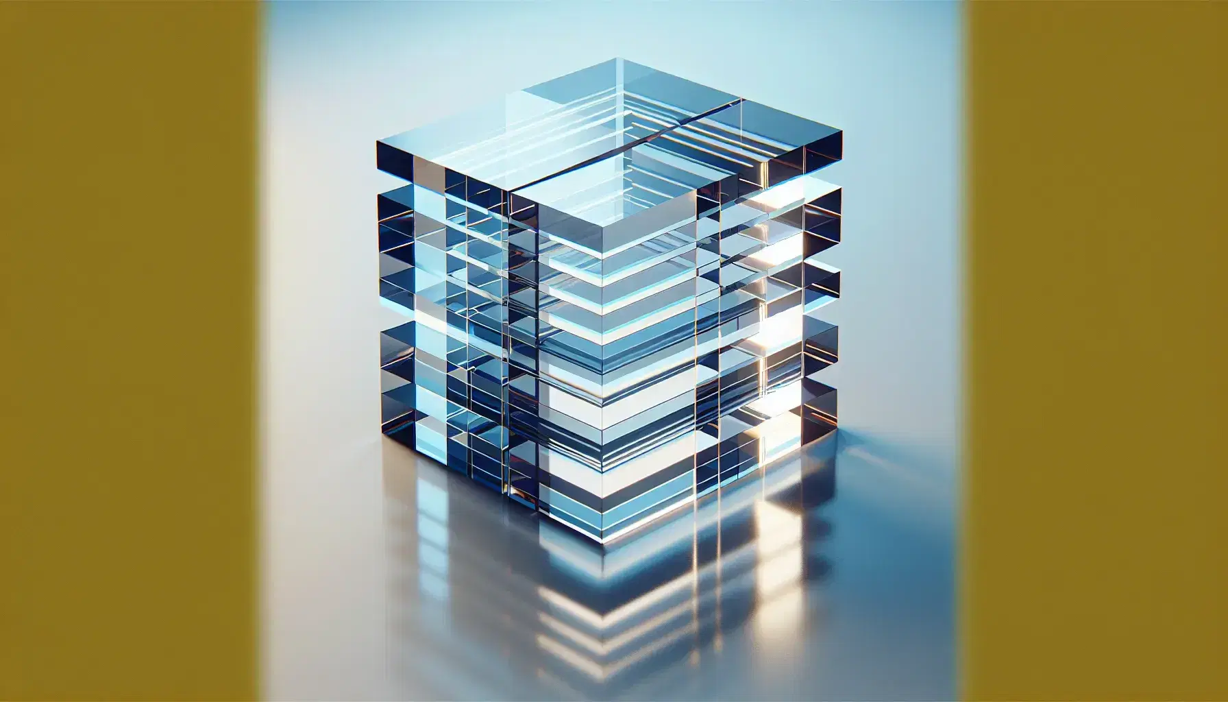 Three-dimensional glass cylinder model with horizontal slices creating a disassembled effect, on a reflective surface with a soft blue to white gradient background.