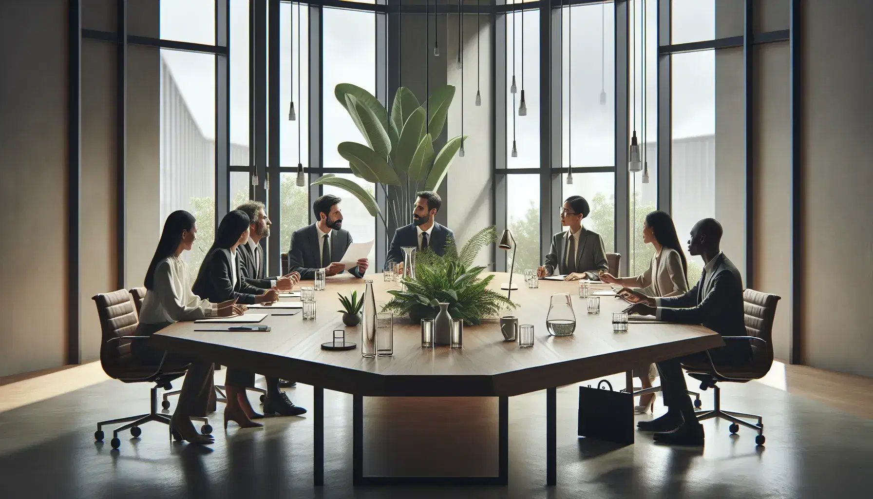 Diverse team engaged in discussion around an oval wooden table in a bright, modern office with large windows and a central green plant.