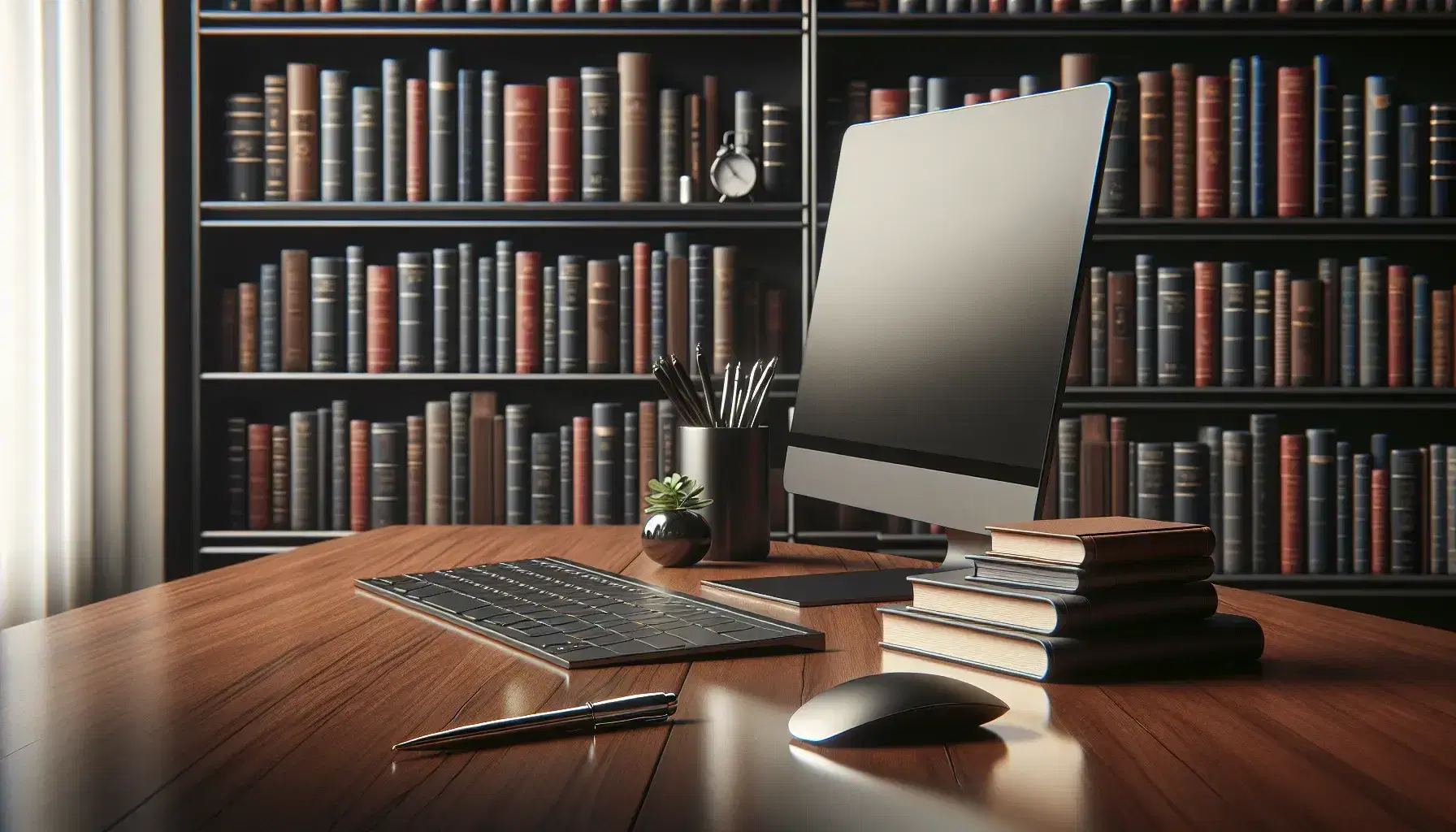 Tidy office with wooden desk, turned off modern computer, stacked papers, silver pen, colorful bookcase and green plant on white stand.