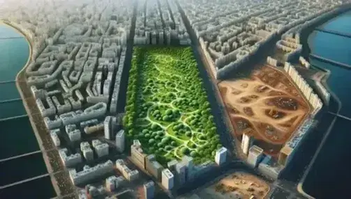 Vista aérea de una ciudad en expansión con parque urbano, áreas verdes, edificios variados y zona de construcción, contrastando con un bosque cercano bajo un cielo azul despejado.