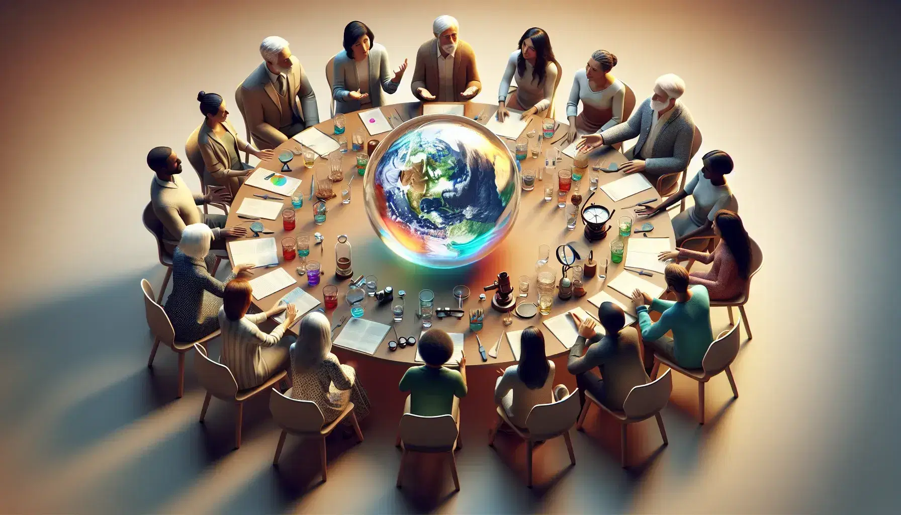 Grupo diverso de personas en discusión constructiva alrededor de una mesa con esfera de vidrio multicolor y herramientas de investigación.