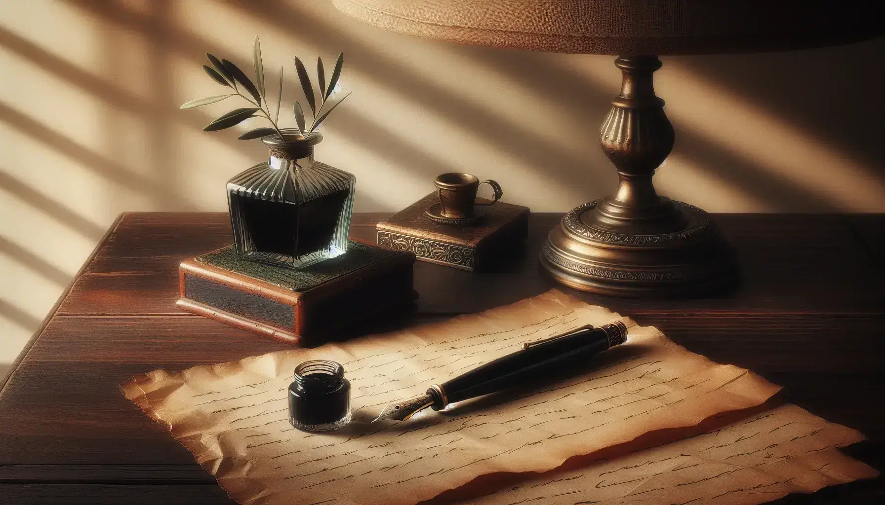 Scrivania in legno scuro con penna stilografica antica, calamaio di vetro e foglio di carta invecchiato, sotto luce calda di una lampada.