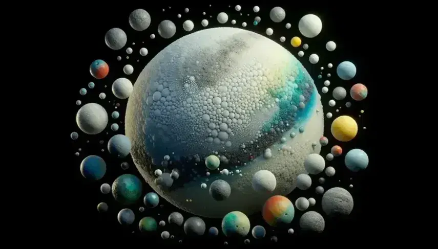 Esferas de colores flotando en el espacio con una grande azul central, evocando un sistema solar abstracto sobre fondo negro.