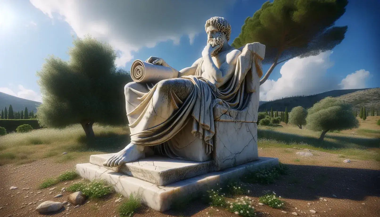 Statua in marmo di filosofo greco seduto in posa pensierosa con mano al mento e rotolo su grembo, in paesaggio naturale.