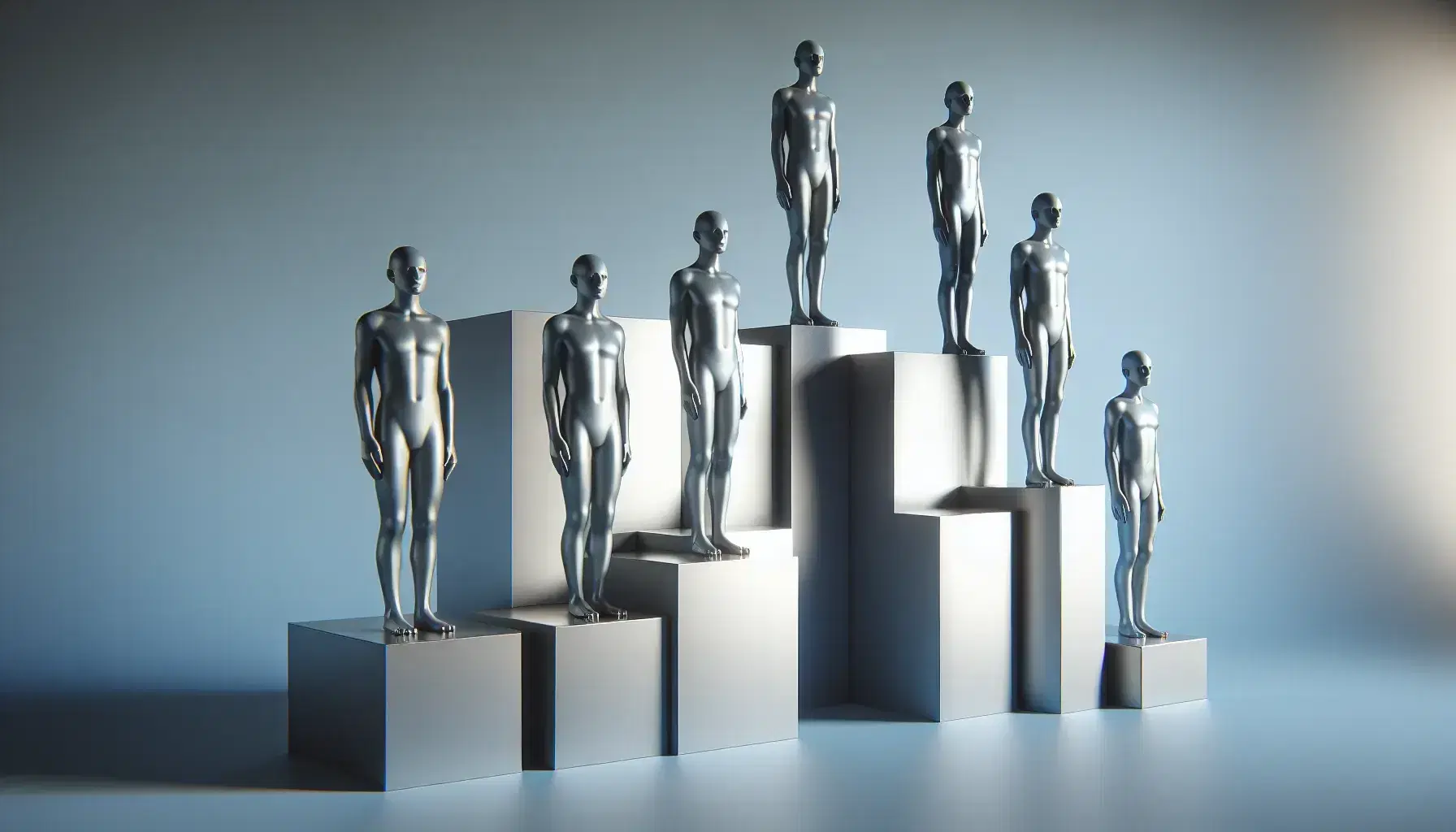 Five silver humanoid figures on podiums of increasing height from left to right, gray gradient, solid blue background.