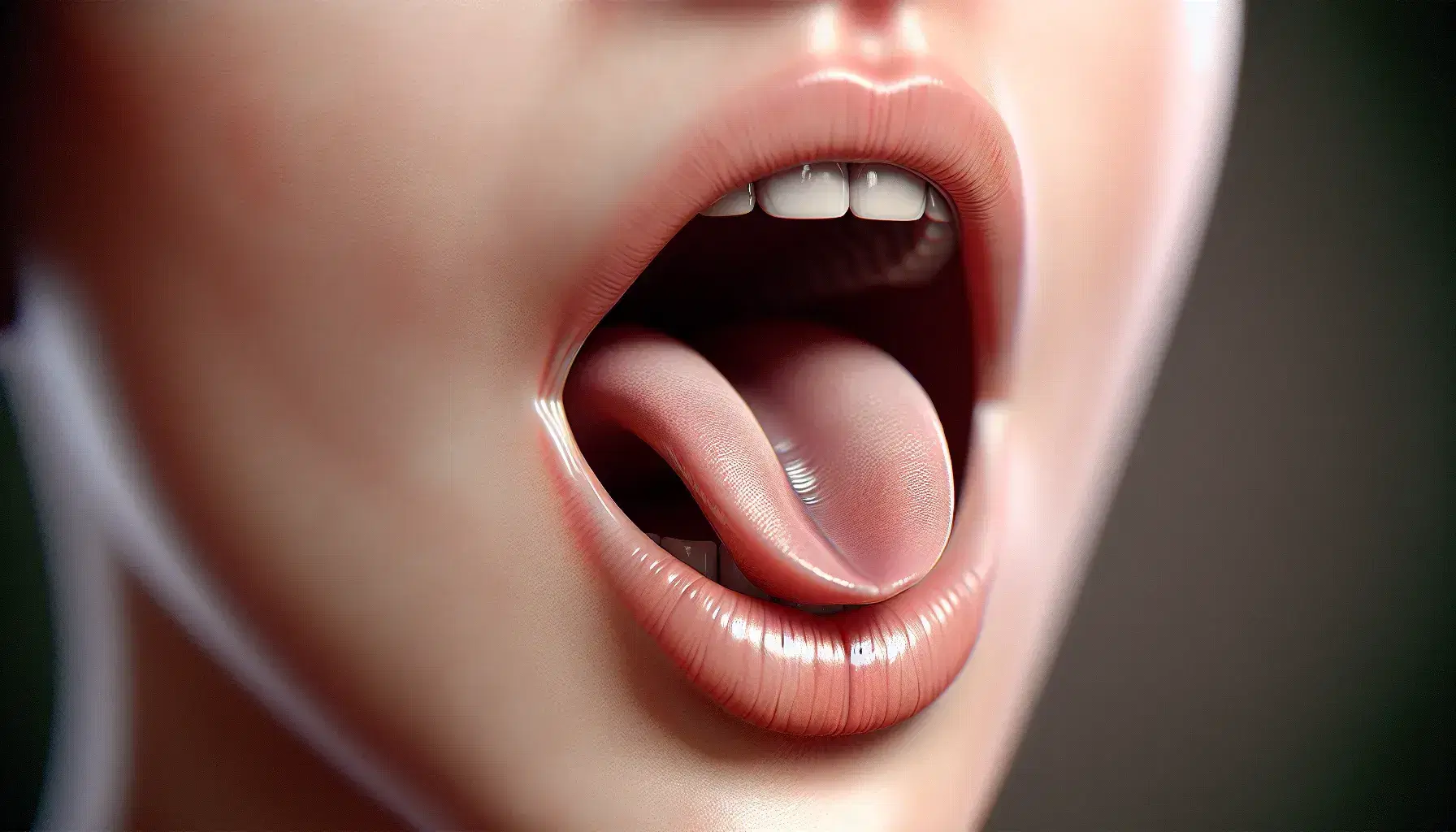 Close-up view of a person's mouth with lips slightly parted and tongue curled upwards, indicating the action of a trilled R sound.