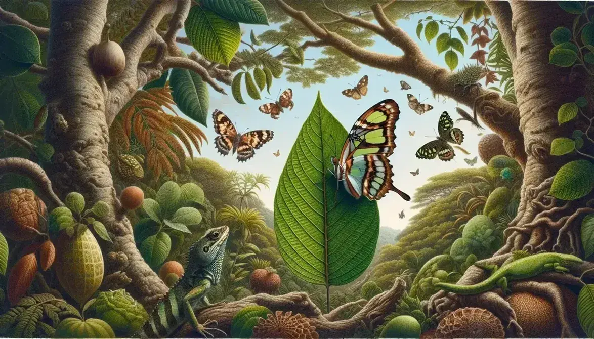 Mariposa con alas naranjas, negras y blancas posada en hoja verde, reptil camuflado entre follaje y árbol con corteza marrón en entorno natural.