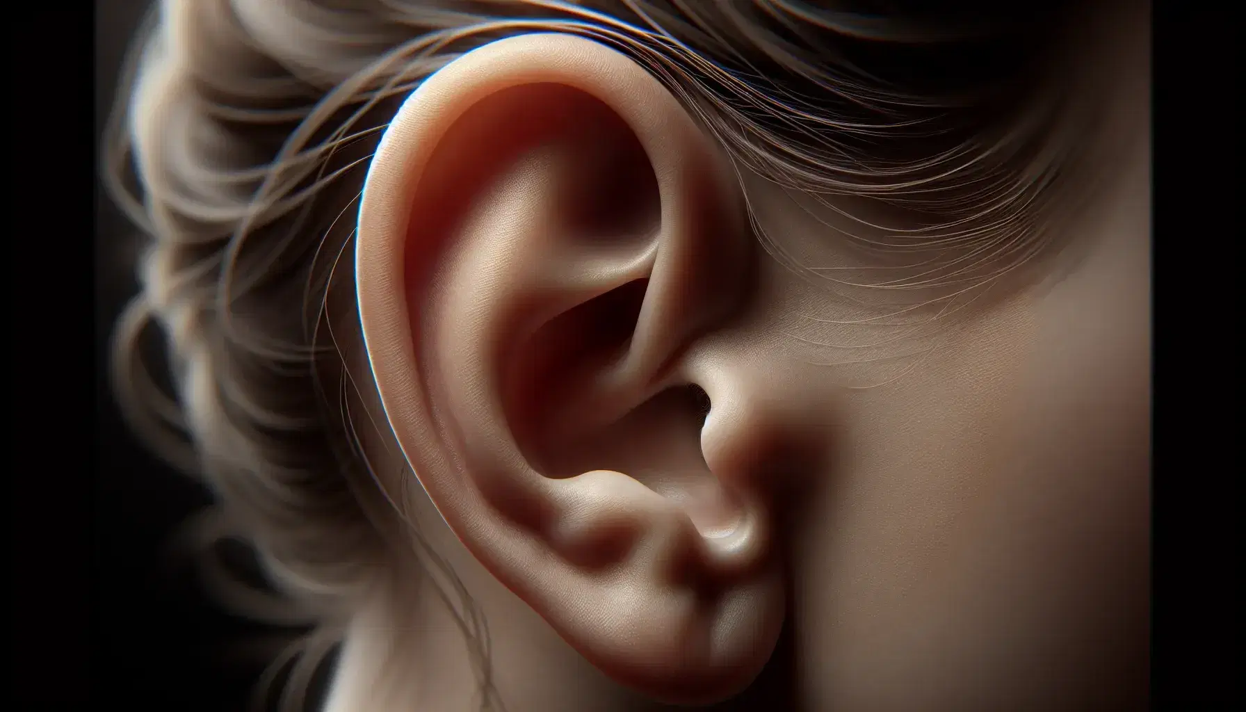 Close-up view of a human ear showing the pinna, helix, antihelix, concha, tragus, and lobule against a blurred background.