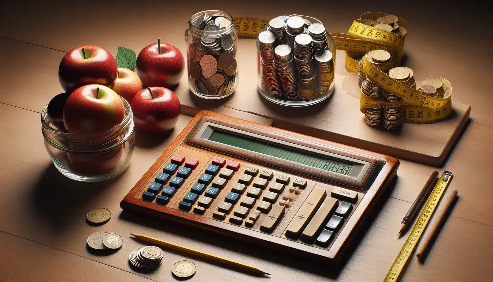 Calculator, glass jar of mixed coins, red apples with a green leaf, and a color-beaded abacus on a wooden table, with soft lighting and a blurred background.