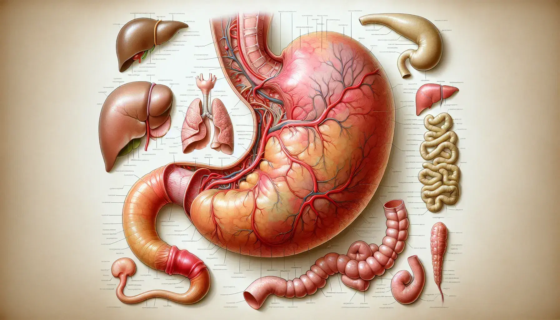 Rappresentazione anatomica dettagliata dello stomaco umano con fegato, pancreas e intestino tenue in contesto digestivo.
