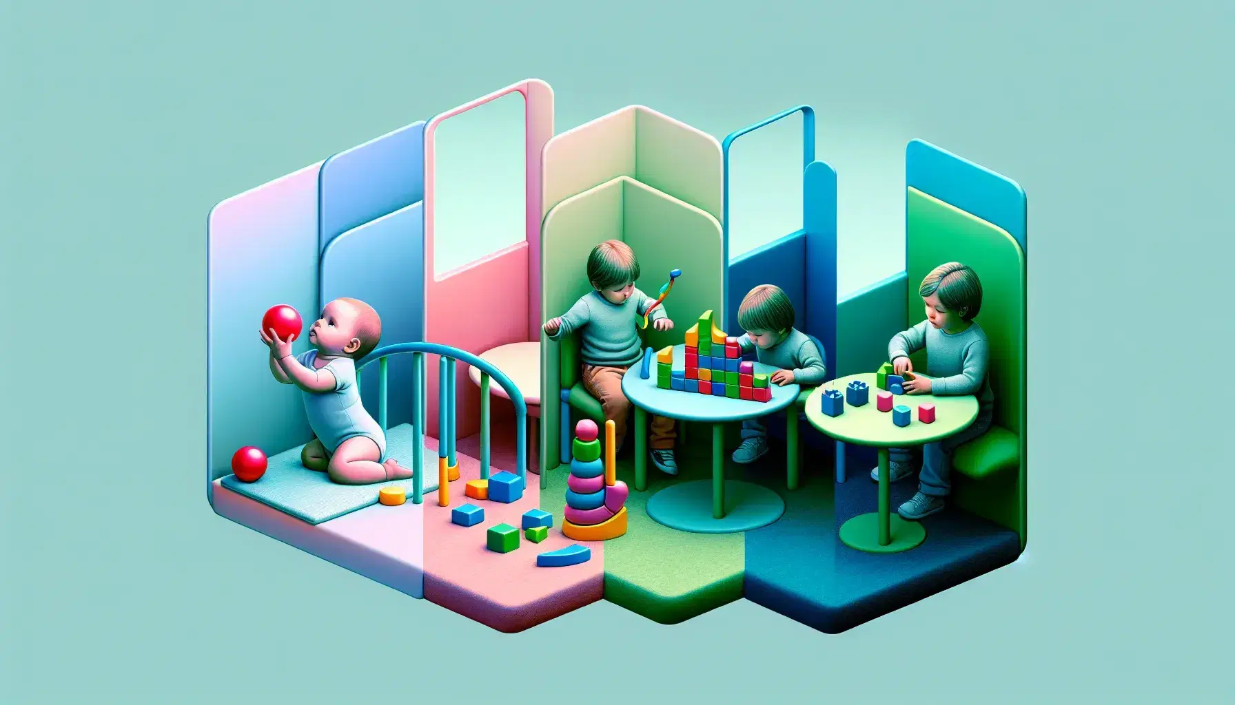 Four stages of cognitive growth: newborn with ball, child with geometric shapes, child with wooden blocks and teenager with 3D puzzle.