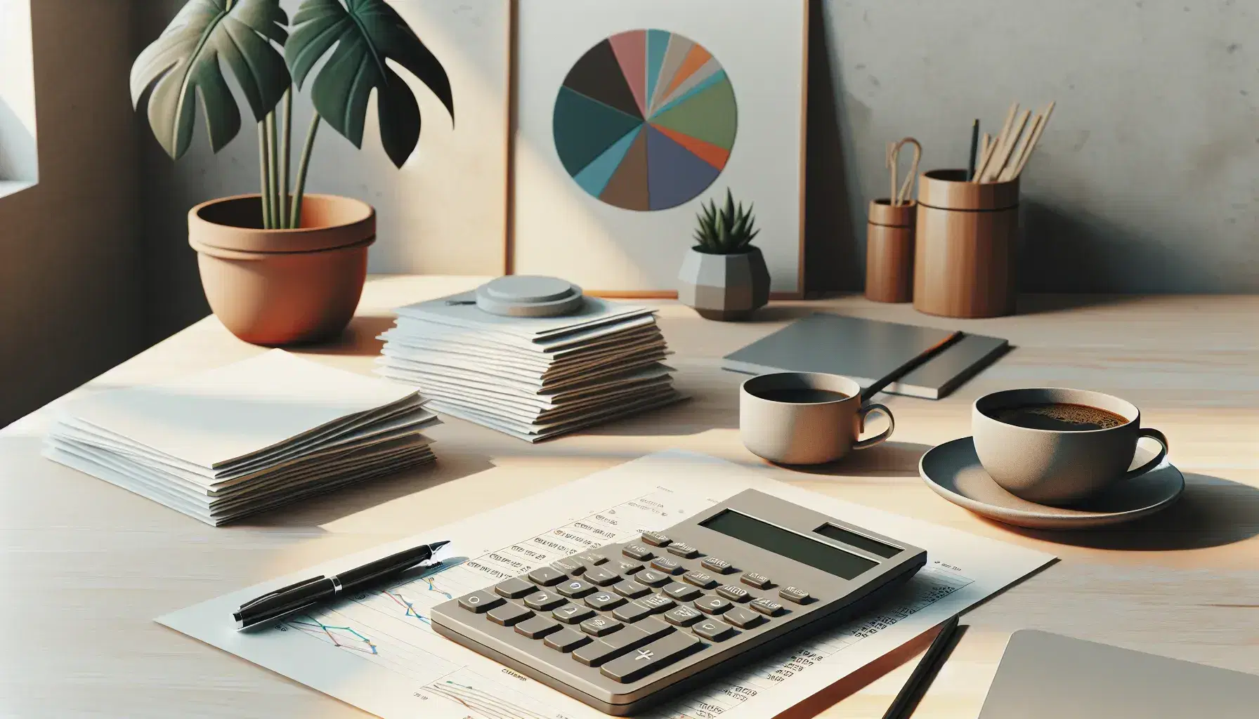 Escritorio de oficina con calculadora gris, gráfico de pastel colorido, papeles apilados, bolígrafo negro y planta en maceta terracota.