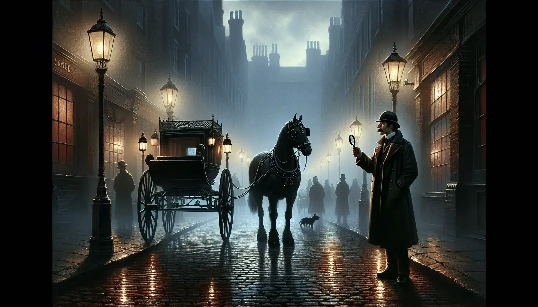 Victorian London street at dusk with cobblestones, gas lamps, a horse-drawn carriage, a man in a deerstalker hat with a magnifying glass, and an attentive dog.