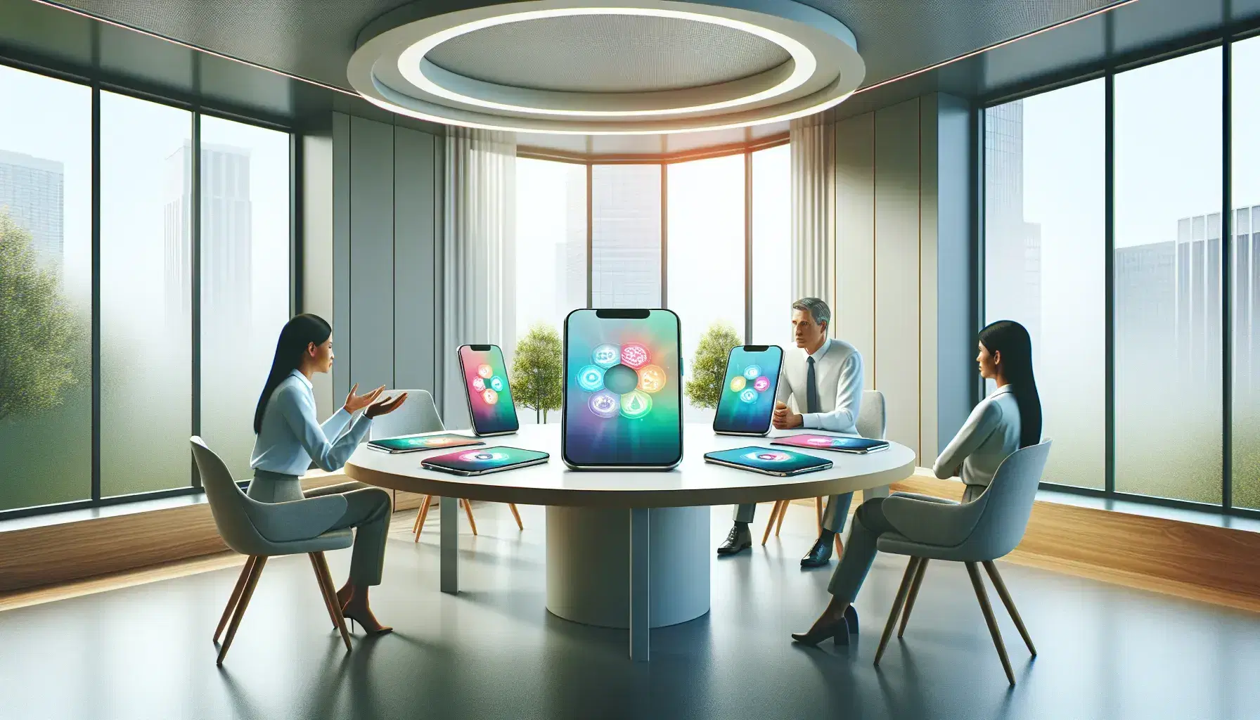 Modern office setting with two professionals at a circular table with smartphones, one gesturing during a discussion, by a window overlooking the city.