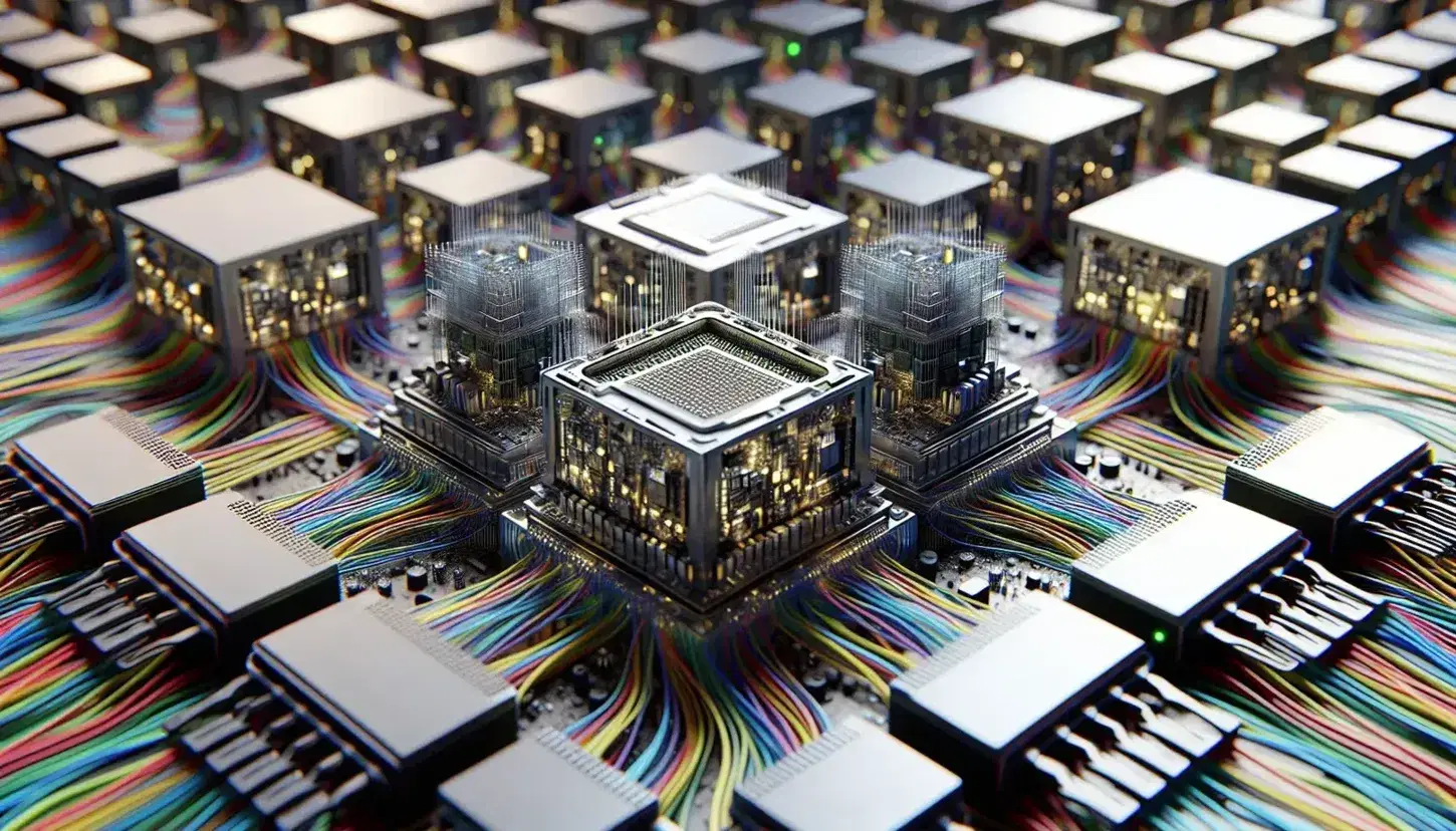 Close-up of a network of interconnected processors with heat sinks and fans, surrounded by colorful cables and bright fiber optics.