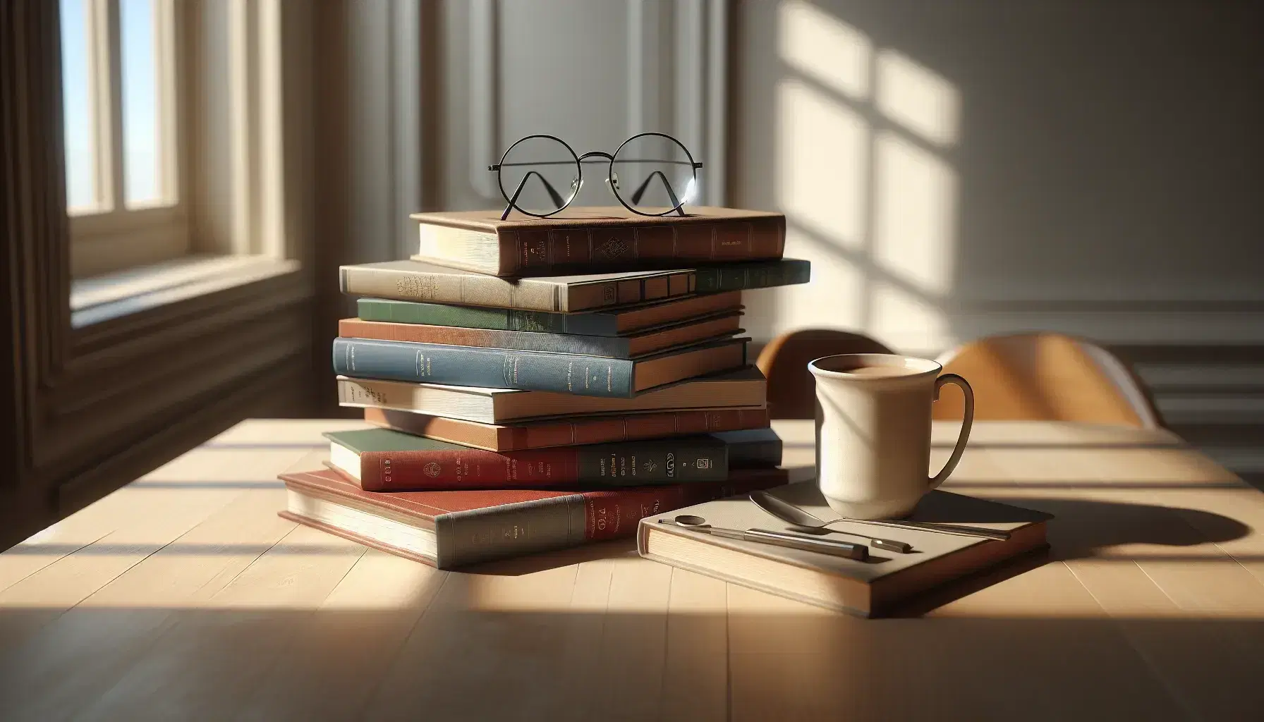 Libros apilados en mesa de madera con gafas y taza de café, luz natural y cortinas al fondo, ambiente de estudio.