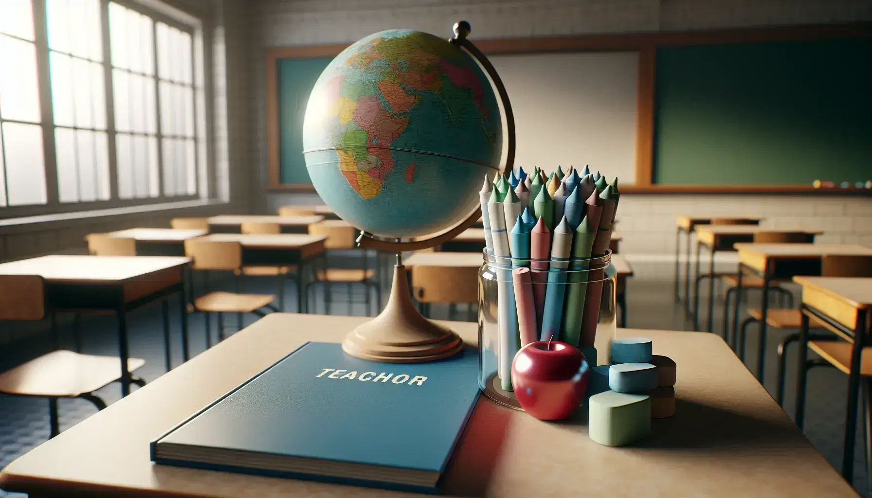 Classroom with teacher's desk displaying exam booklets, a shiny red apple, and a jar of colorful chalk, beside a label-free globe under natural light.