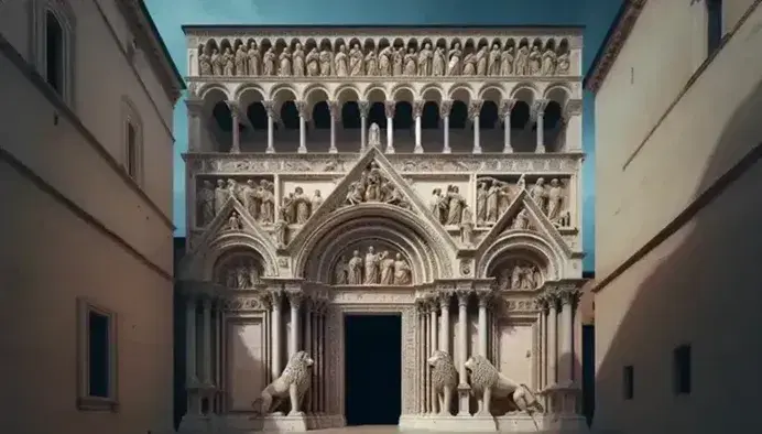 Facciata del Duomo di Modena con portale centrale incorniciato da colonne e leoni in pietra, bassorilievo biblico e cielo azzurro.