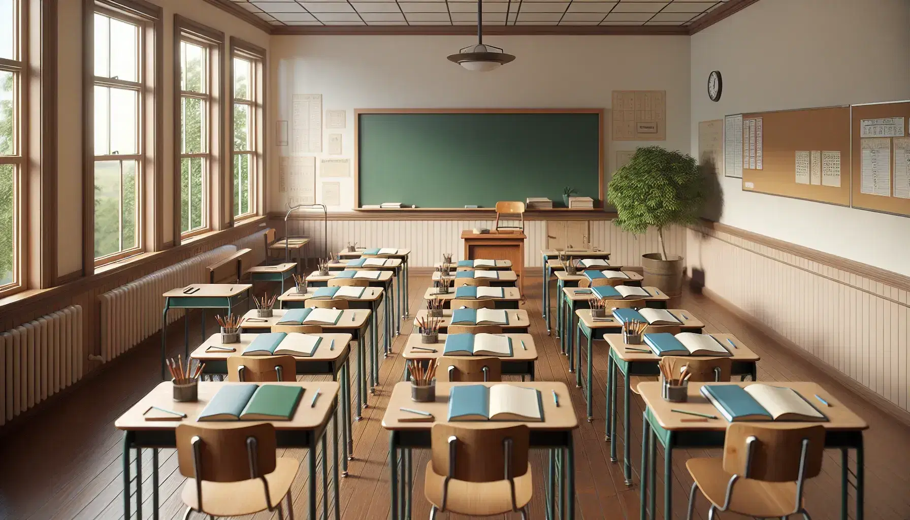 School classroom with wooden desks and chairs, notebooks, pencils, closed books, empty blackboard, window with tree view, attentive students.