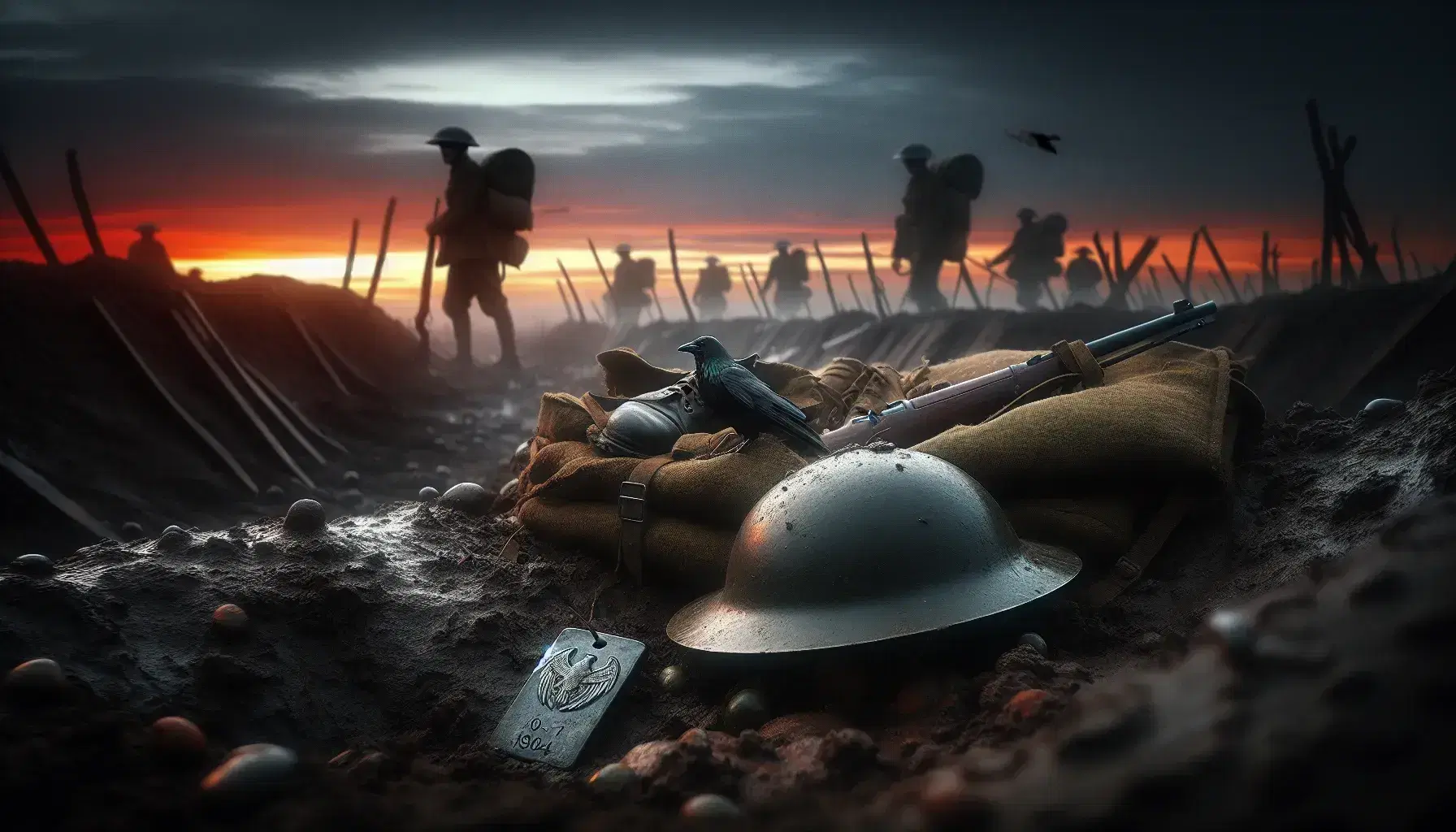 Campo di battaglia della Prima Guerra Mondiale al tramonto con elmetto militare, targhetta identificativa e silhouette di soldati tra le trincee.