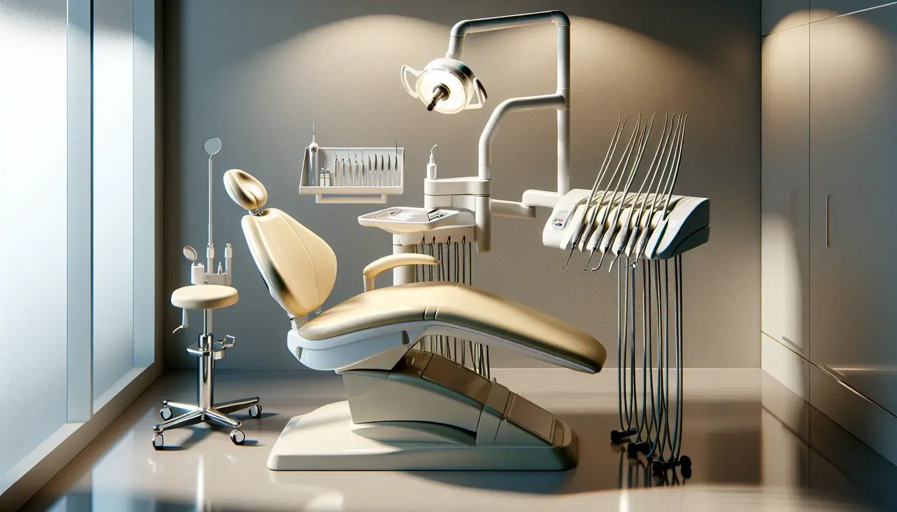 Unidad dental moderna con silla ergonómica color crema, lámpara articulada, consola de instrumentos metálicos y sistema de succión en clínica iluminada.