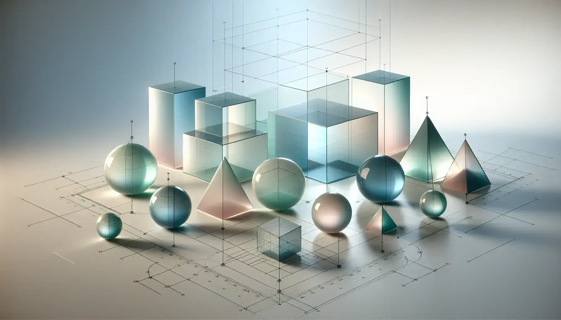 Translucent three-dimensional geometric shapes in blue, green and pink on surface with lines of a coordinate system, gray gradient background.