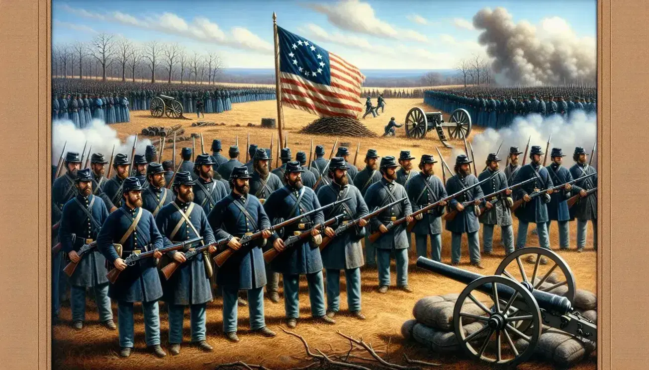 Escena de la Guerra Civil Americana con soldados de la Unión en formación de batalla, ondeando una bandera y cañones al fondo entre humo y árboles sin hojas.