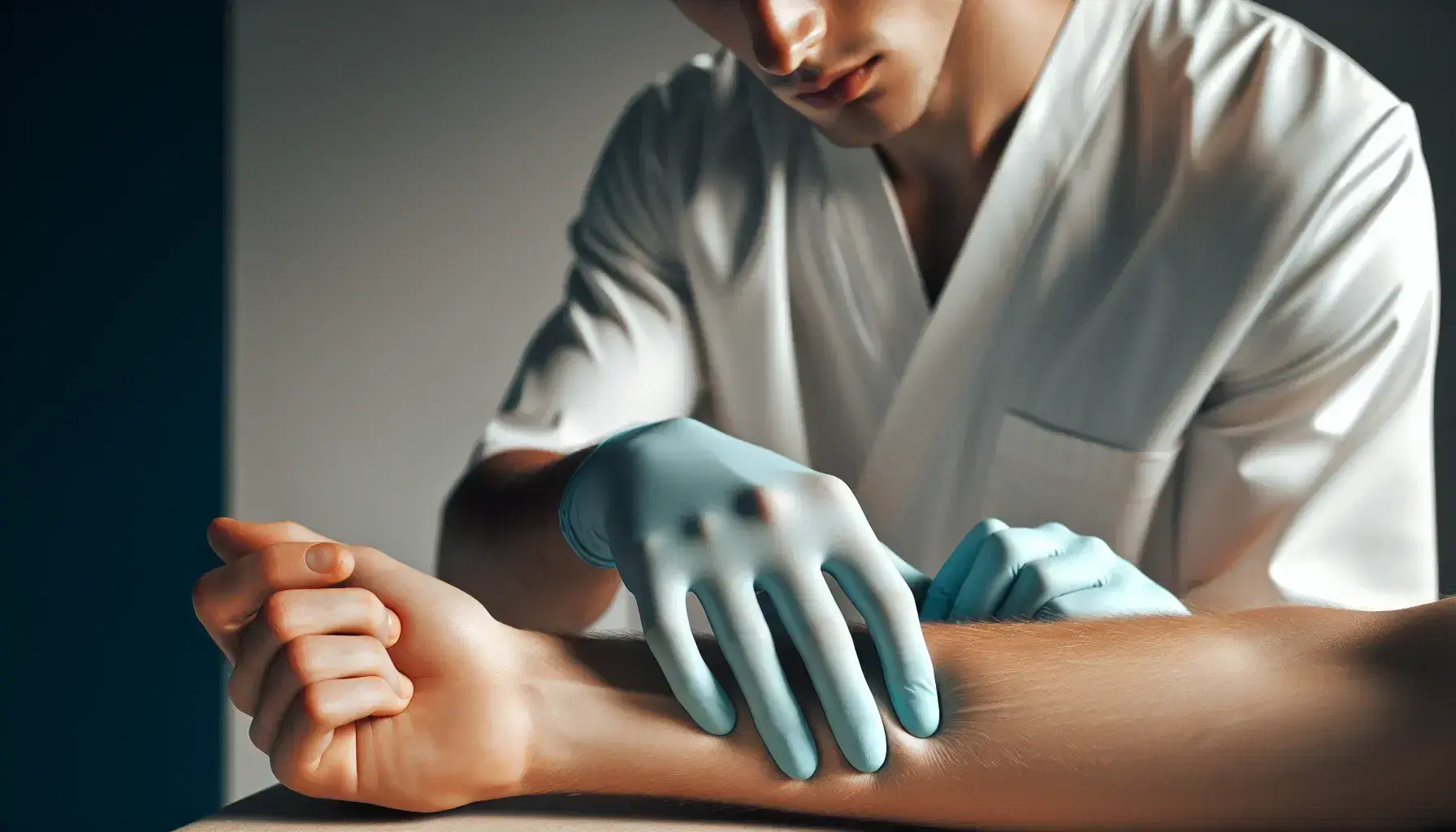 Manos de profesional de la salud con guantes azules realizando examen físico en antebrazo de paciente en entorno clínico.