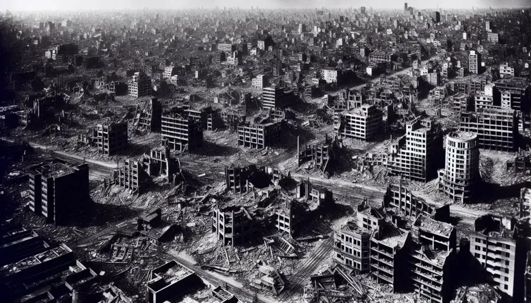 Veduta aerea in bianco e nero di una città devastata con edifici in rovina e strutture crollate, epicentro di un'esplosione al centro.