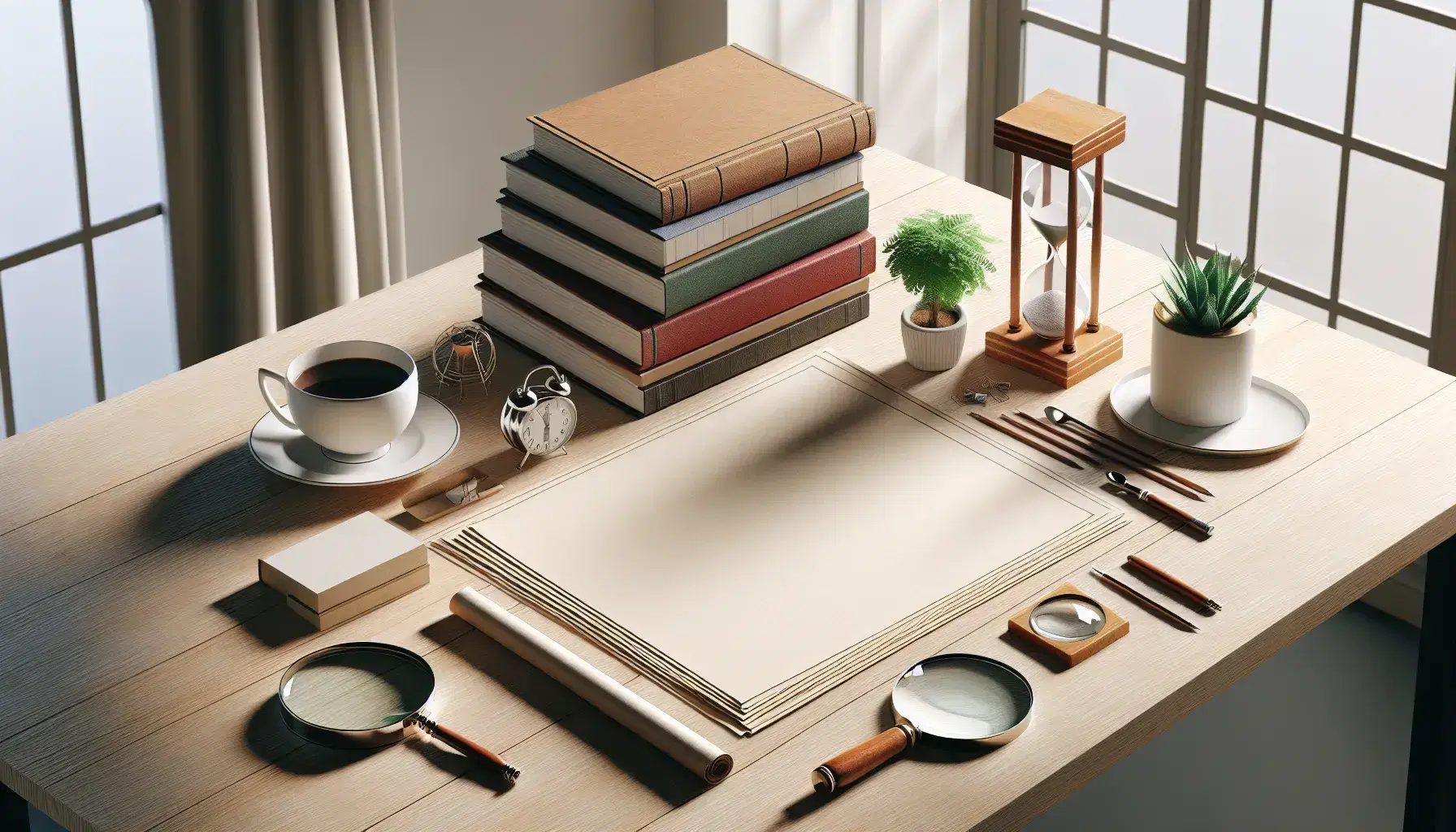 Mesa de madera clara con papeles, lupa, reloj de arena, planta en maceta, libros apilados y taza de café bajo luz natural suave.