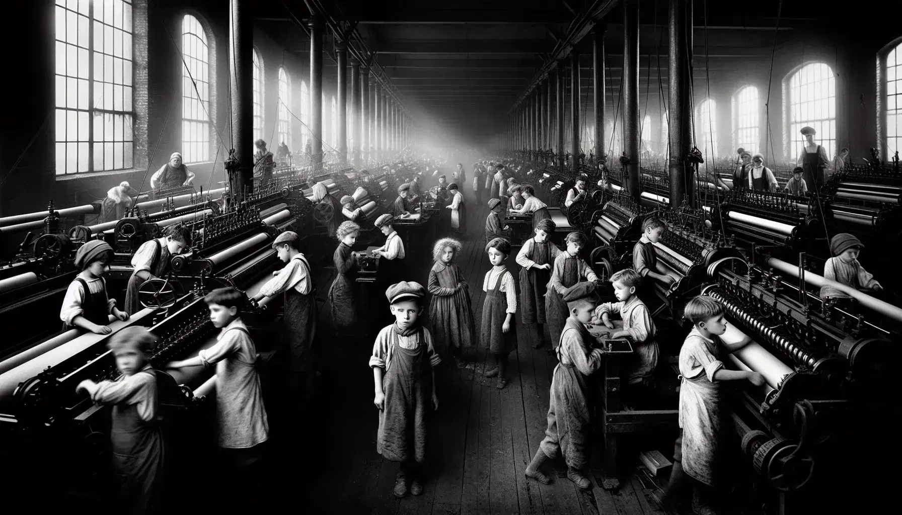 Bambini dai sei ai dodici anni lavorano in una fabbrica tessile all'inizio del XX secolo, vestiti semplicemente e concentrati tra macchinari complessi.