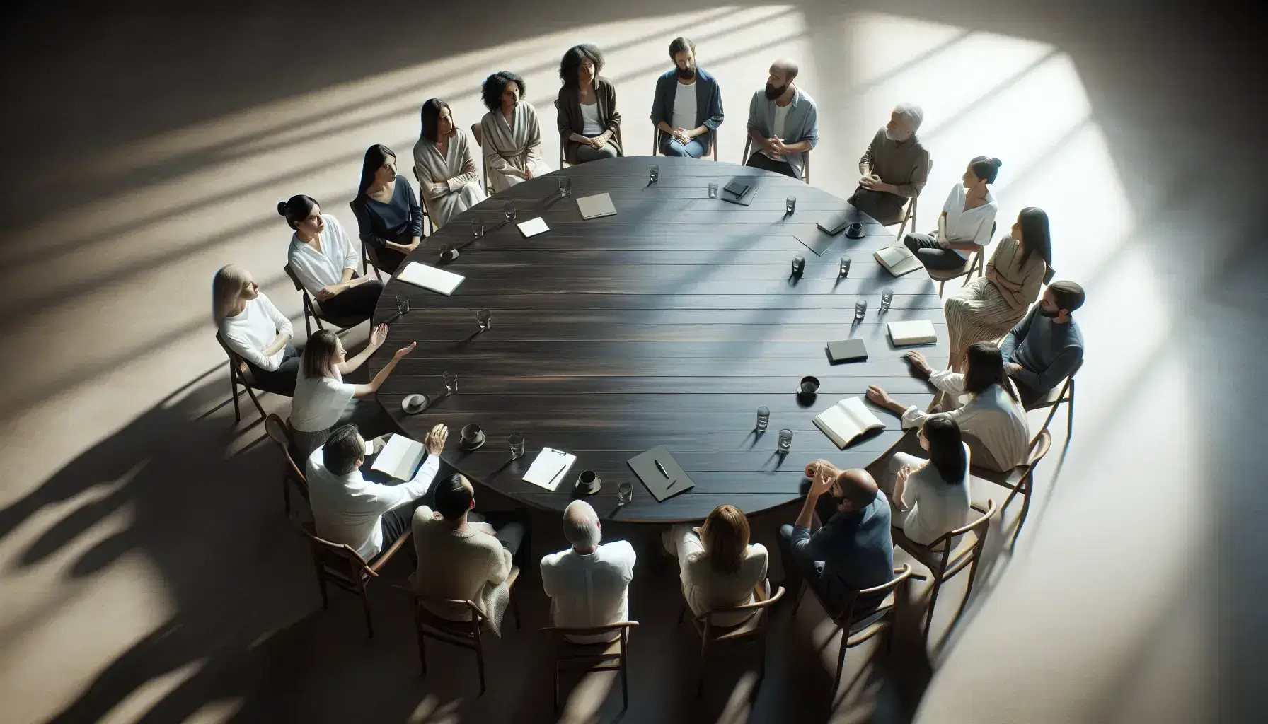 Grupo diverso en animada discusión alrededor de una mesa redonda de madera en una sala iluminada naturalmente, sin dispositivos electrónicos.