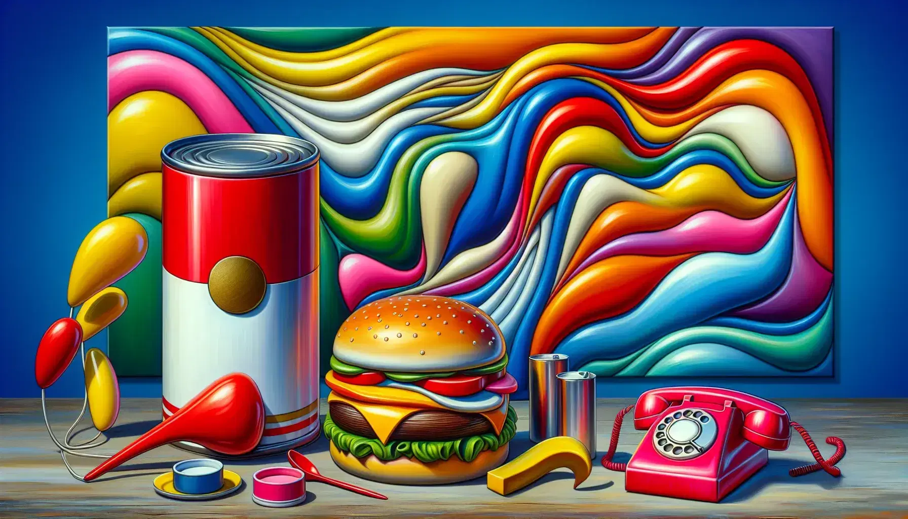 Composizione Pop Art con scultura lattina rossa, hamburger colorato, dipinto astratto, telefono vintage rosa e palloncini cuore metallici.