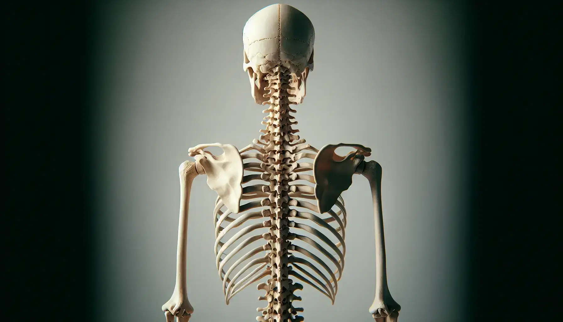 Esqueleto humano visto desde atrás destacando la columna vertebral con cráneo, costillas y pelvis visibles, sin tejidos blandos.