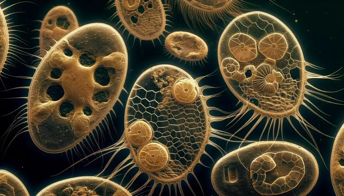 Microscopic view of golden-brown dinoflagellates with visible flagella and armored plates, showcasing intricate structures and internal organelles.