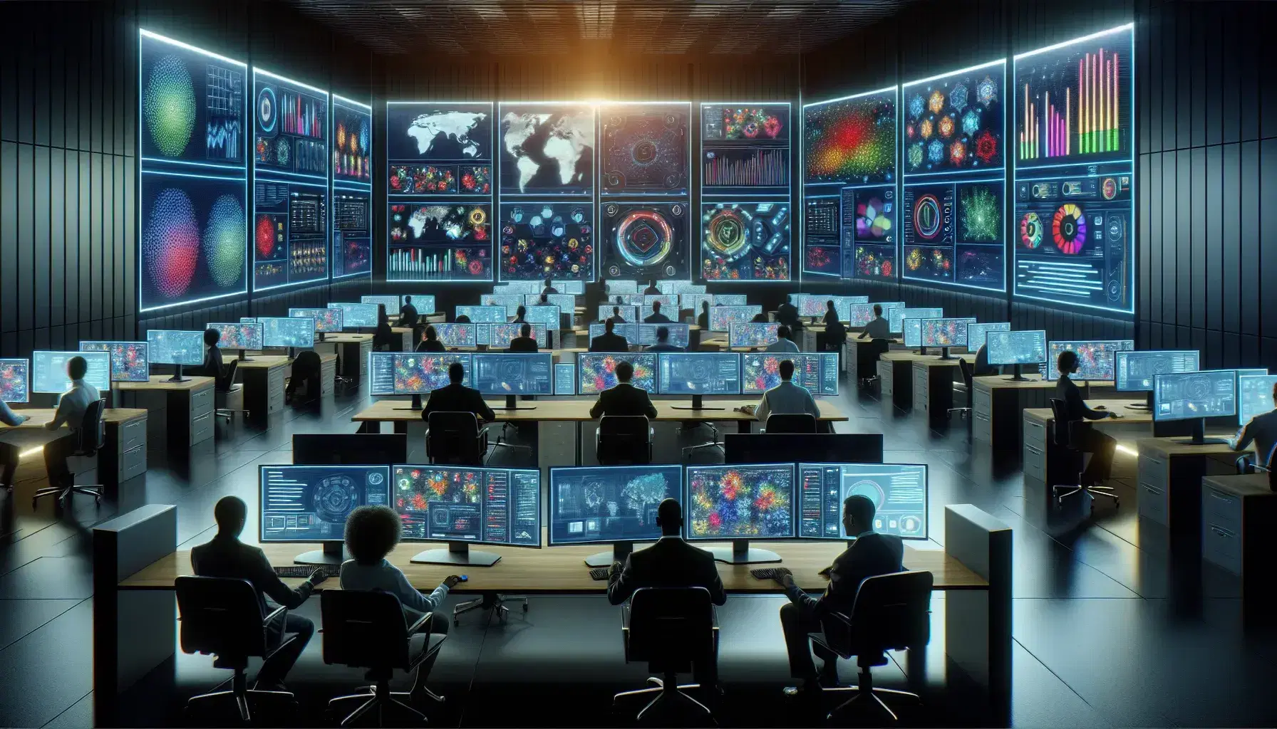 Modern cybersecurity operations center with multi-ethnic analysts working at desks with multiple monitors, displaying colorful data visualizations.