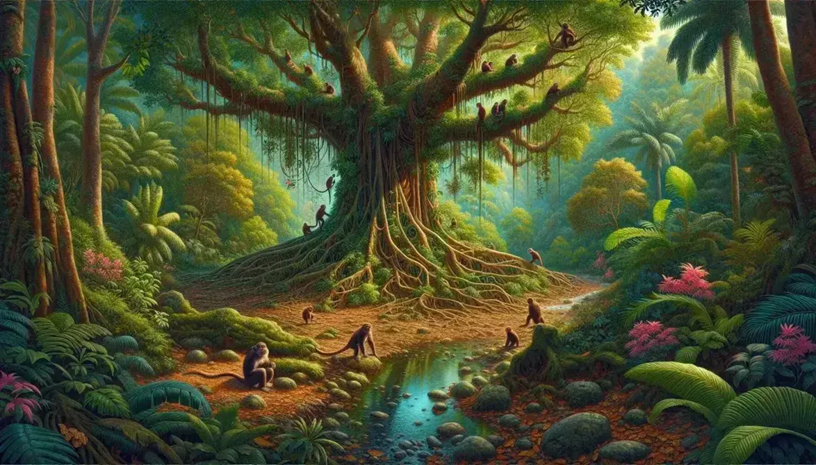 Foresta tropicale umida con albero maestoso, ruscello, scimmie tra i rami e farfalle colorate su sottobosco variegato.
