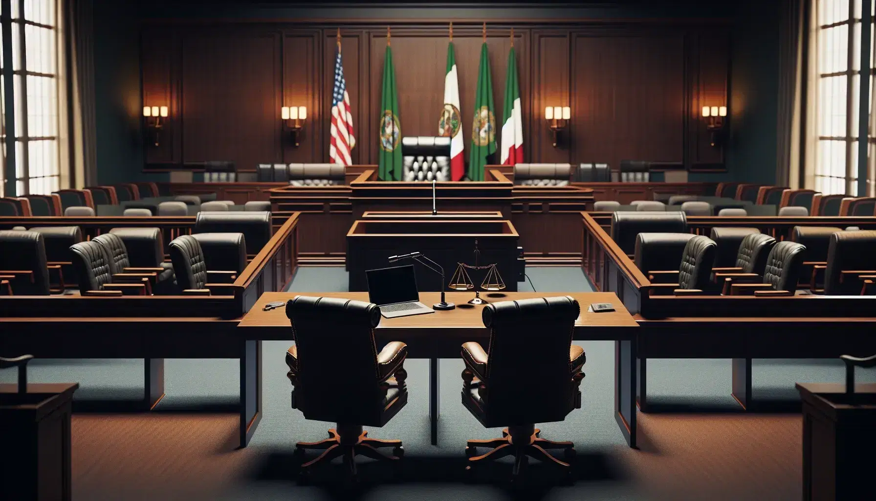 Aula di tribunale vuota con banco del giudice, laptop chiuso, microfono spento, scrivanie per avvocati, bandiere italiane ed europee e panchine per il pubblico.