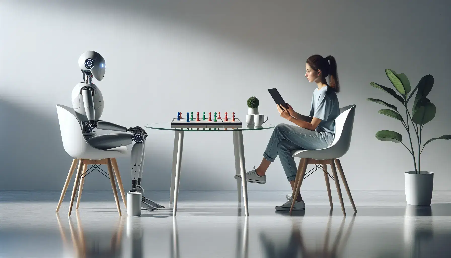 Donna con maglietta blu e jeans osserva tablet seduta di fronte a robot antropomorfo argentato, giocano a gioco da tavolo colorato su tavolino di vetro.