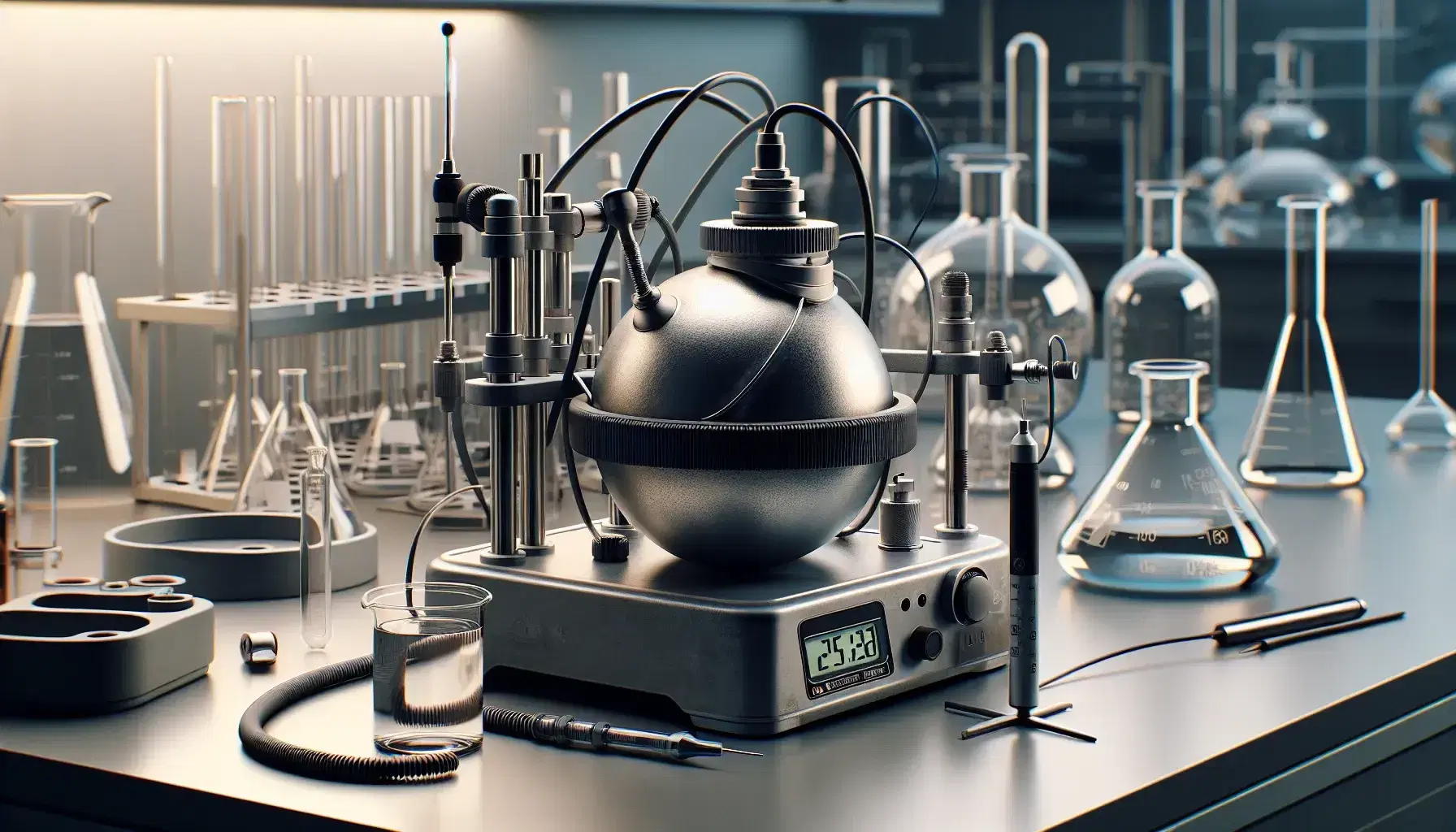 Laboratory bench with open bomb calorimeter, digital thermometer and glass container with colorless liquid, blurred background with glassware.