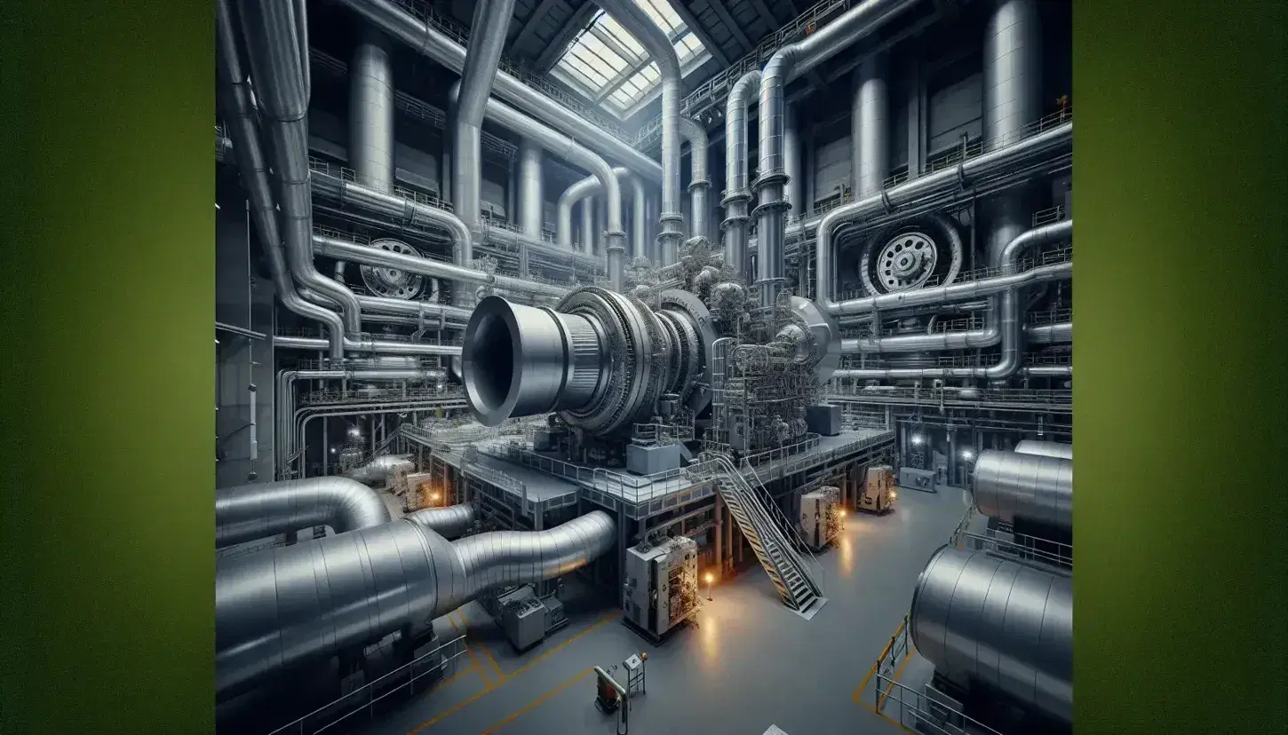 Turbina a vapore metallica con tubature complesse in una centrale termoelettrica illuminata, generatori elettrici sullo sfondo, pavimento grigio con linee gialle.